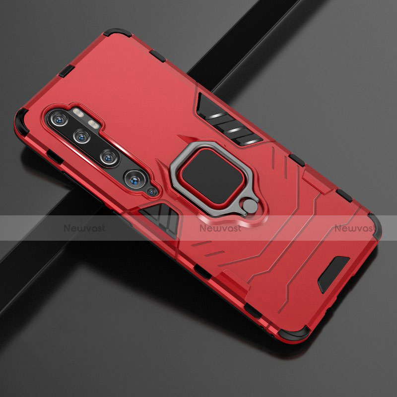 Silicone Matte Finish and Plastic Back Cover Case with Magnetic Finger Ring Stand D02 for Xiaomi Mi Note 10 Pro