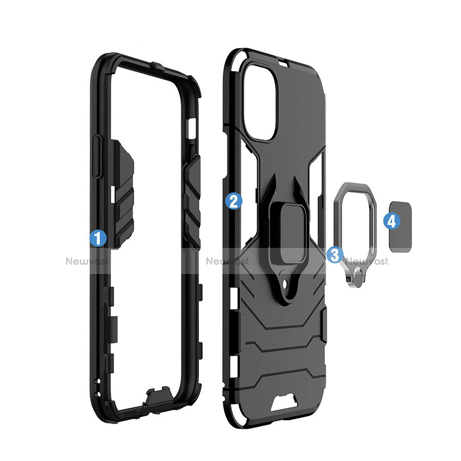 Silicone Matte Finish and Plastic Back Cover Case with Magnetic Finger Ring Stand for Apple iPhone 11 Black