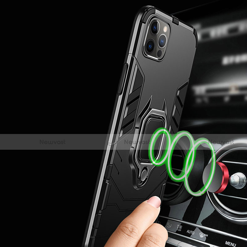 Silicone Matte Finish and Plastic Back Cover Case with Magnetic Finger Ring Stand for Apple iPhone 13 Pro Max