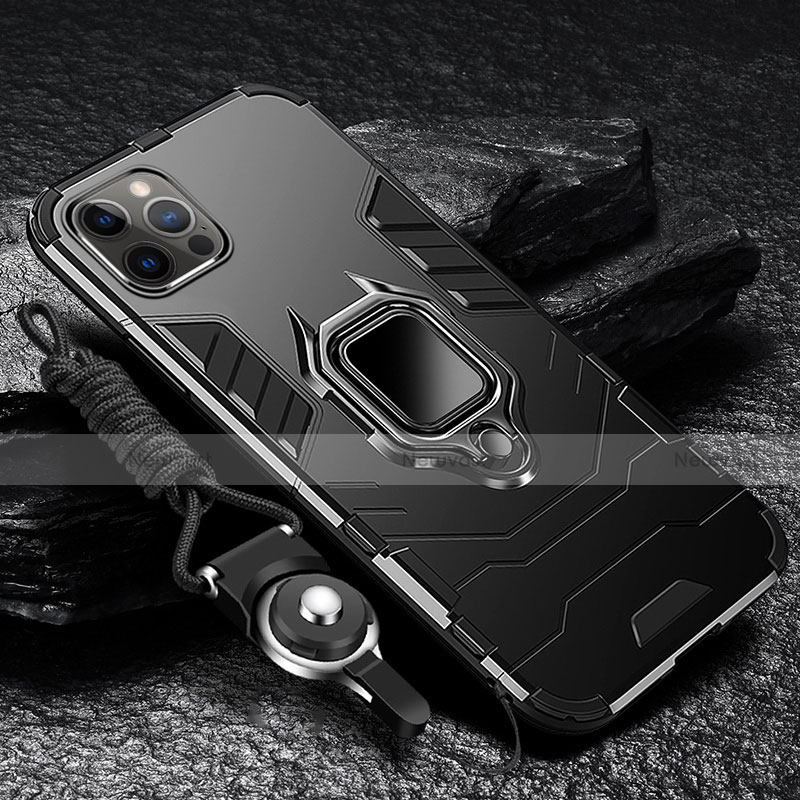 Silicone Matte Finish and Plastic Back Cover Case with Magnetic Finger Ring Stand for Apple iPhone 13 Pro Max Black