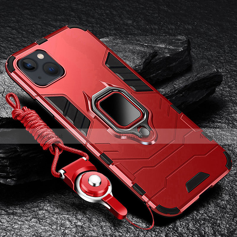 Silicone Matte Finish and Plastic Back Cover Case with Magnetic Finger Ring Stand for Apple iPhone 13 Red