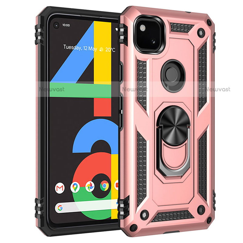Silicone Matte Finish and Plastic Back Cover Case with Magnetic Finger Ring Stand for Google Pixel 4a