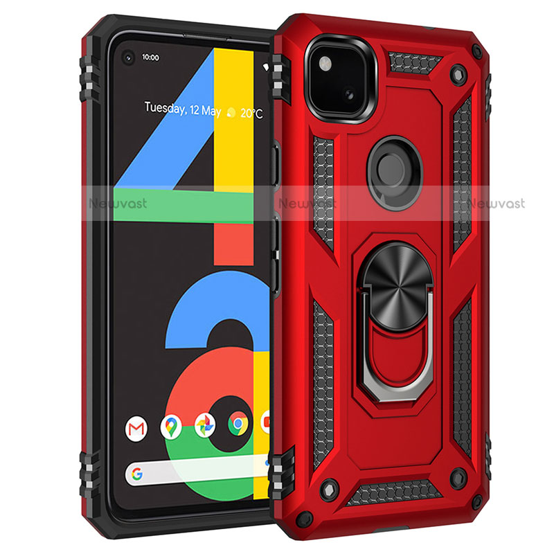 Silicone Matte Finish and Plastic Back Cover Case with Magnetic Finger Ring Stand for Google Pixel 4a