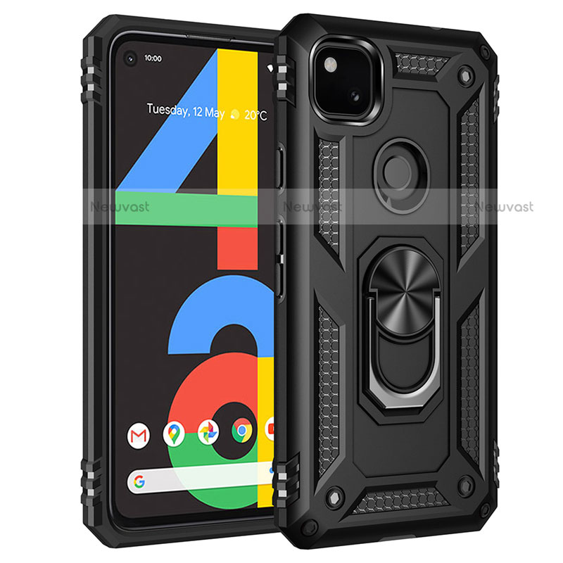 Silicone Matte Finish and Plastic Back Cover Case with Magnetic Finger Ring Stand for Google Pixel 4a Black