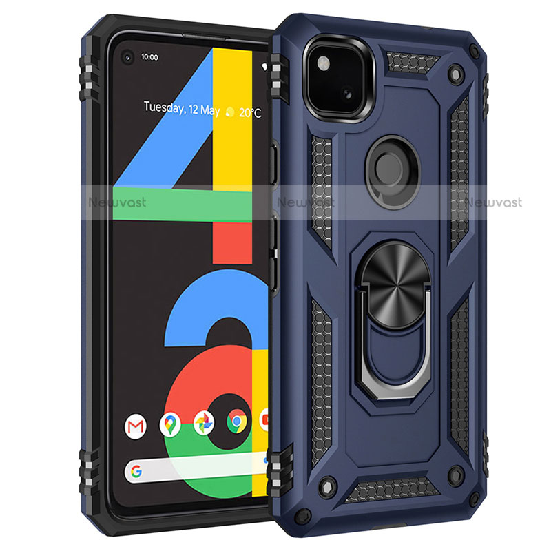 Silicone Matte Finish and Plastic Back Cover Case with Magnetic Finger Ring Stand for Google Pixel 4a Blue