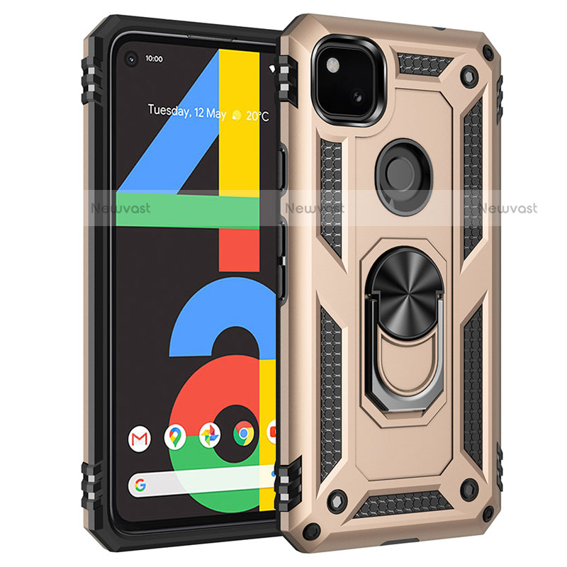 Silicone Matte Finish and Plastic Back Cover Case with Magnetic Finger Ring Stand for Google Pixel 4a Gold