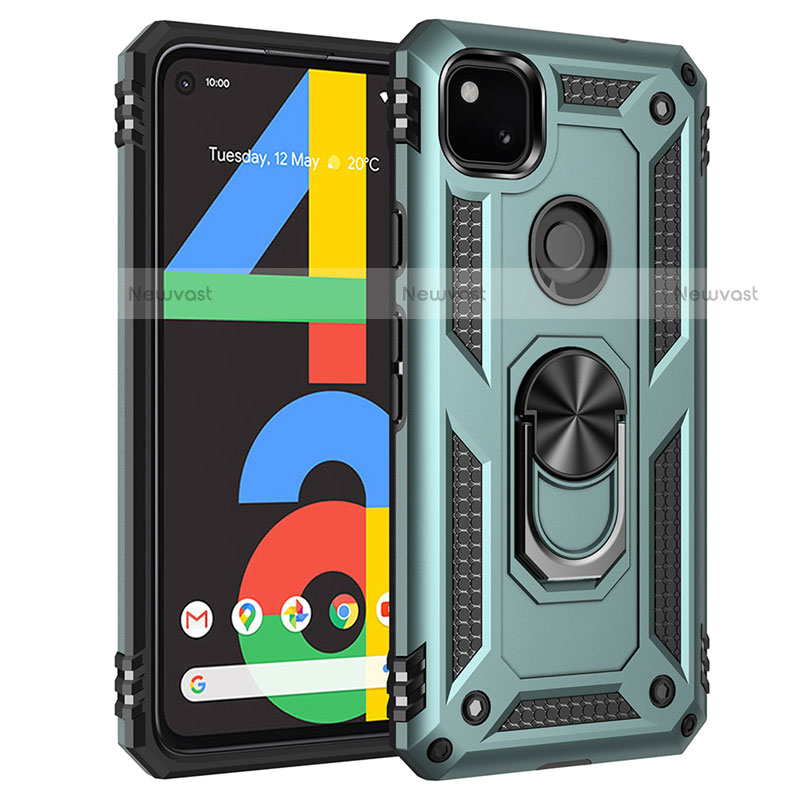 Silicone Matte Finish and Plastic Back Cover Case with Magnetic Finger Ring Stand for Google Pixel 4a Matcha Green