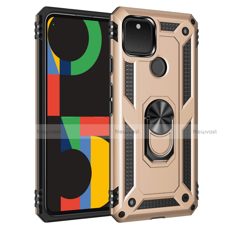 Silicone Matte Finish and Plastic Back Cover Case with Magnetic Finger Ring Stand for Google Pixel 5 Gold