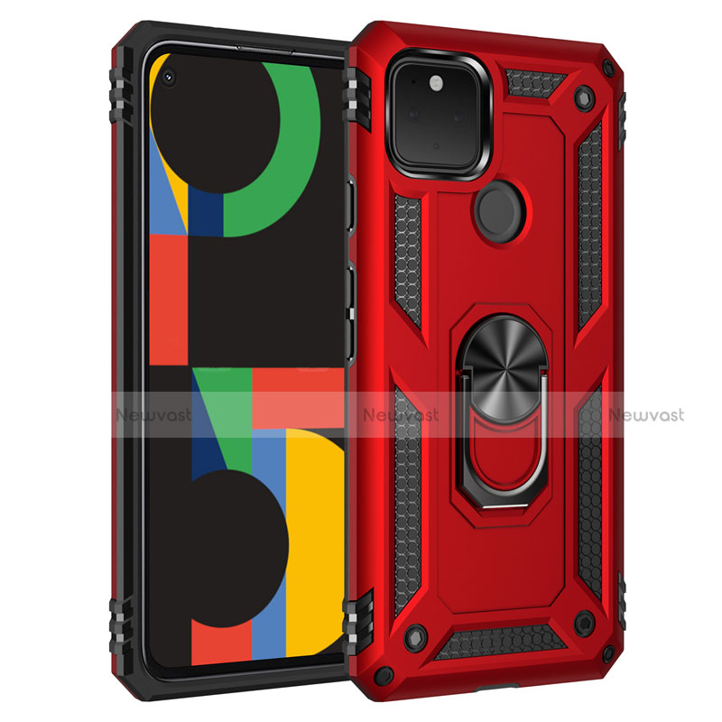 Silicone Matte Finish and Plastic Back Cover Case with Magnetic Finger Ring Stand for Google Pixel 5 Red