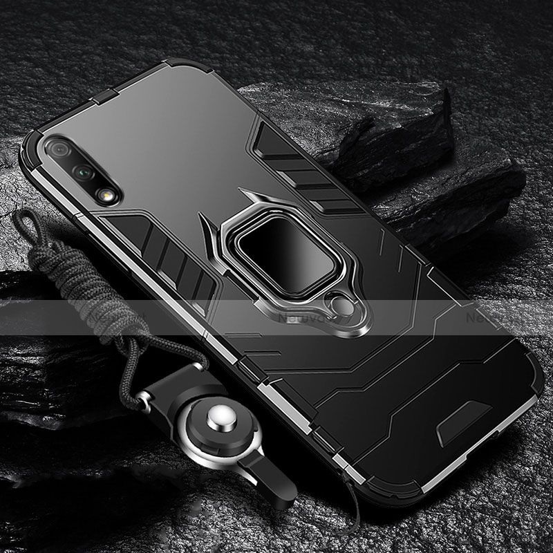 Silicone Matte Finish and Plastic Back Cover Case with Magnetic Finger Ring Stand for Huawei Enjoy 10 Black