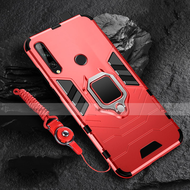 Silicone Matte Finish and Plastic Back Cover Case with Magnetic Finger Ring Stand for Huawei Enjoy 10 Plus Red