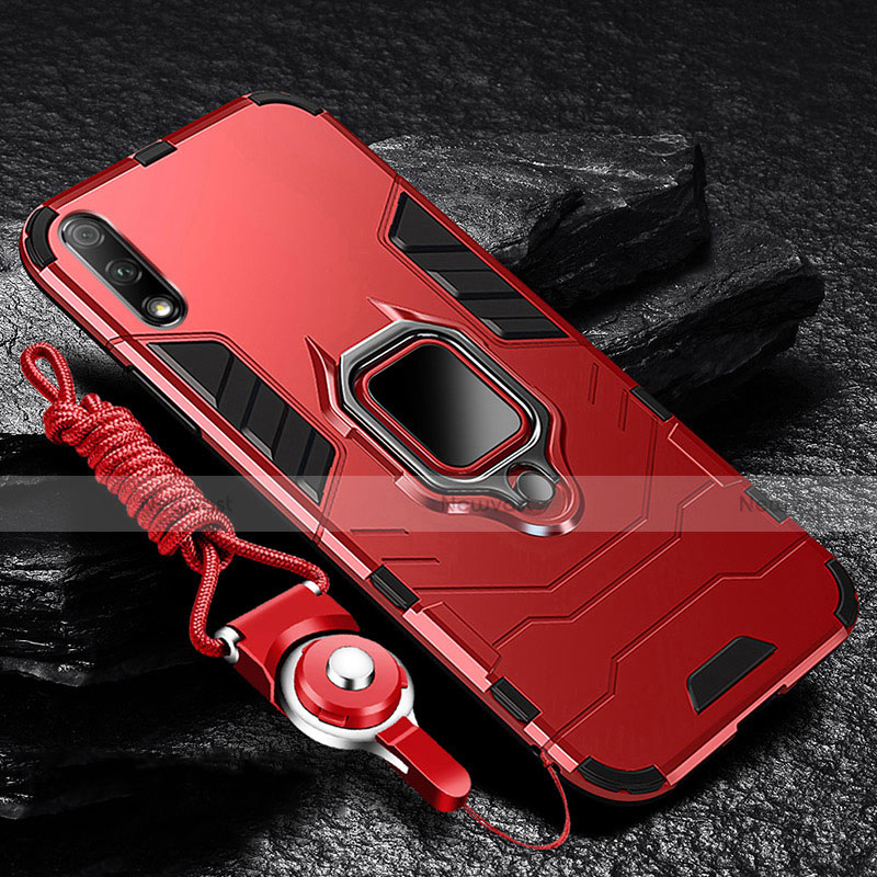 Silicone Matte Finish and Plastic Back Cover Case with Magnetic Finger Ring Stand for Huawei Enjoy 10 Red