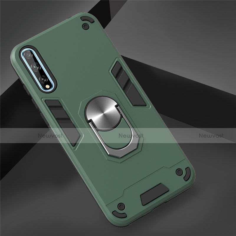 Silicone Matte Finish and Plastic Back Cover Case with Magnetic Finger Ring Stand for Huawei Enjoy 10S Green