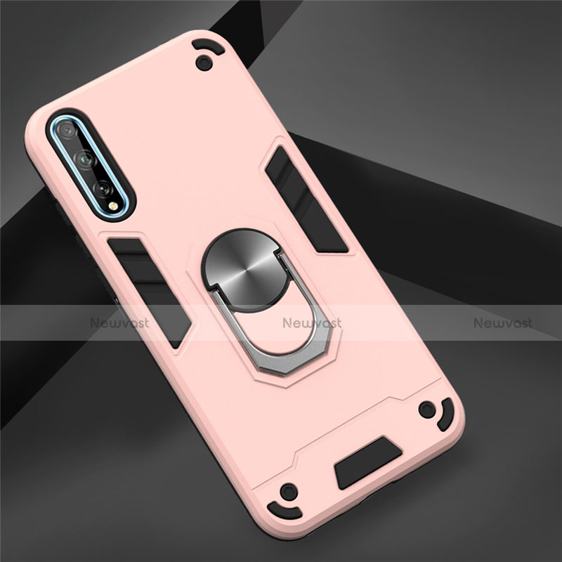 Silicone Matte Finish and Plastic Back Cover Case with Magnetic Finger Ring Stand for Huawei Enjoy 10S Rose Gold