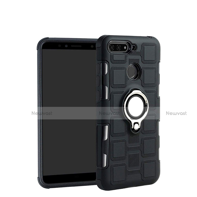 Silicone Matte Finish and Plastic Back Cover Case with Magnetic Finger Ring Stand for Huawei Enjoy 8e