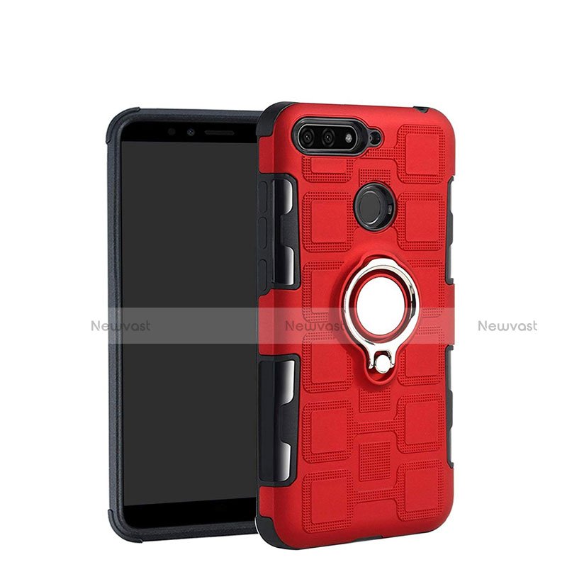 Silicone Matte Finish and Plastic Back Cover Case with Magnetic Finger Ring Stand for Huawei Enjoy 8e