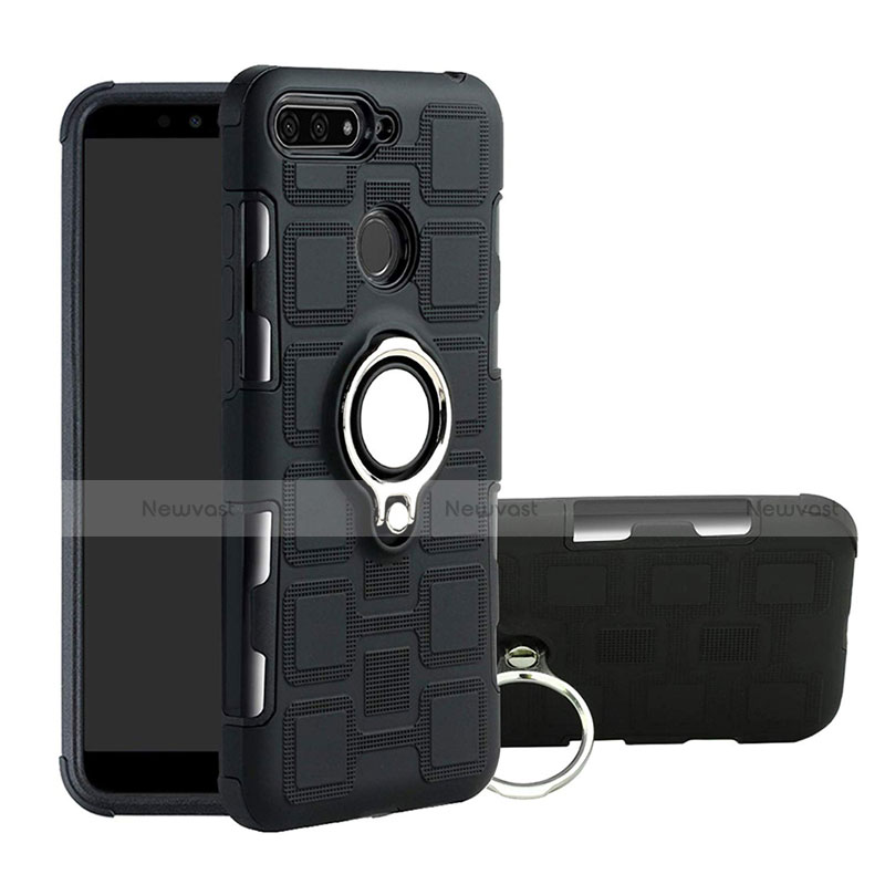 Silicone Matte Finish and Plastic Back Cover Case with Magnetic Finger Ring Stand for Huawei Enjoy 8e Black