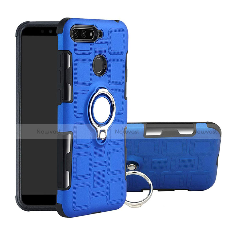 Silicone Matte Finish and Plastic Back Cover Case with Magnetic Finger Ring Stand for Huawei Enjoy 8e Sky Blue