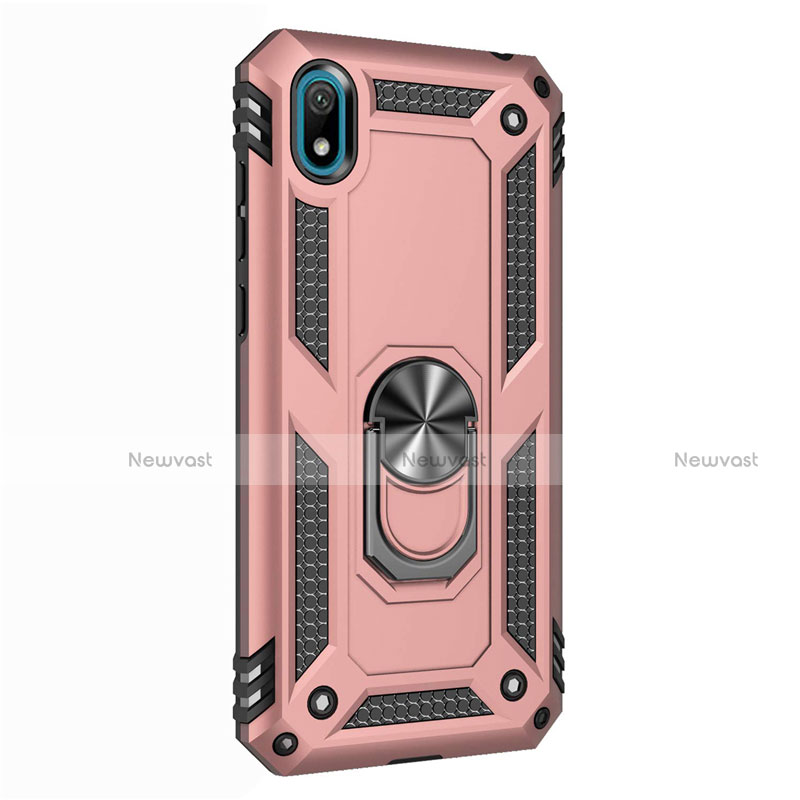 Silicone Matte Finish and Plastic Back Cover Case with Magnetic Finger Ring Stand for Huawei Enjoy 8S Rose Gold