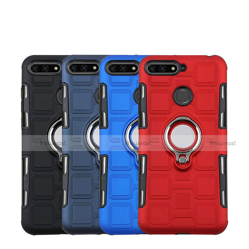 Silicone Matte Finish and Plastic Back Cover Case with Magnetic Finger Ring Stand for Huawei Honor 7A