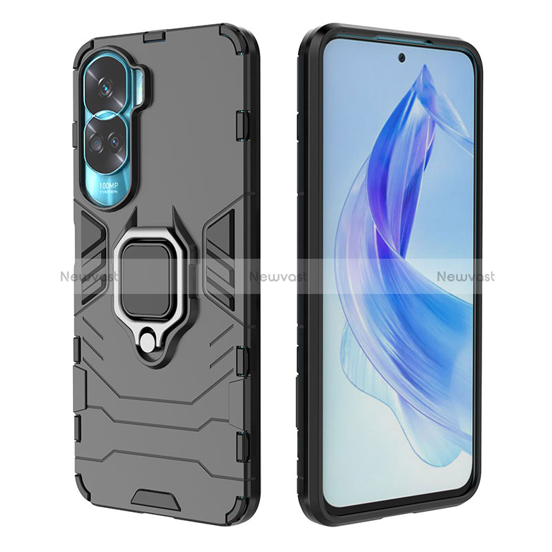 Silicone Matte Finish and Plastic Back Cover Case with Magnetic Finger Ring Stand for Huawei Honor 90 Lite 5G