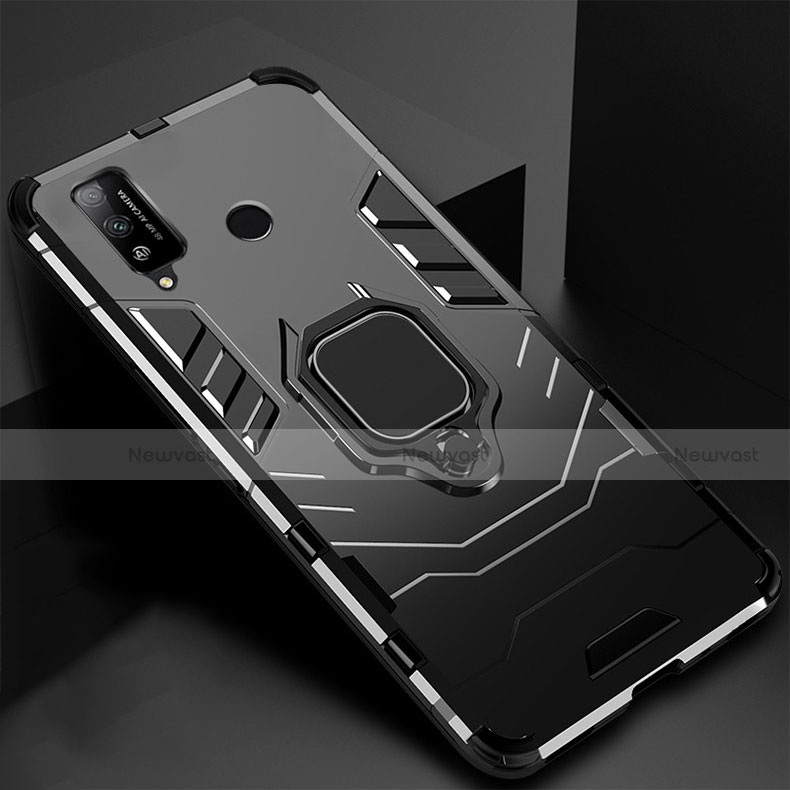 Silicone Matte Finish and Plastic Back Cover Case with Magnetic Finger Ring Stand for Huawei Honor Play4T Black