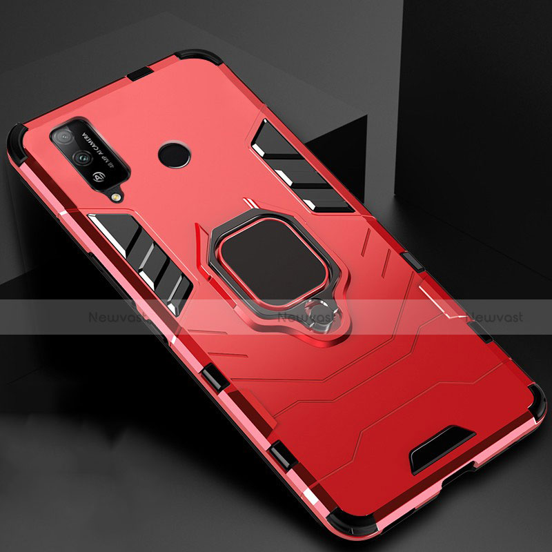 Silicone Matte Finish and Plastic Back Cover Case with Magnetic Finger Ring Stand for Huawei Honor Play4T Red