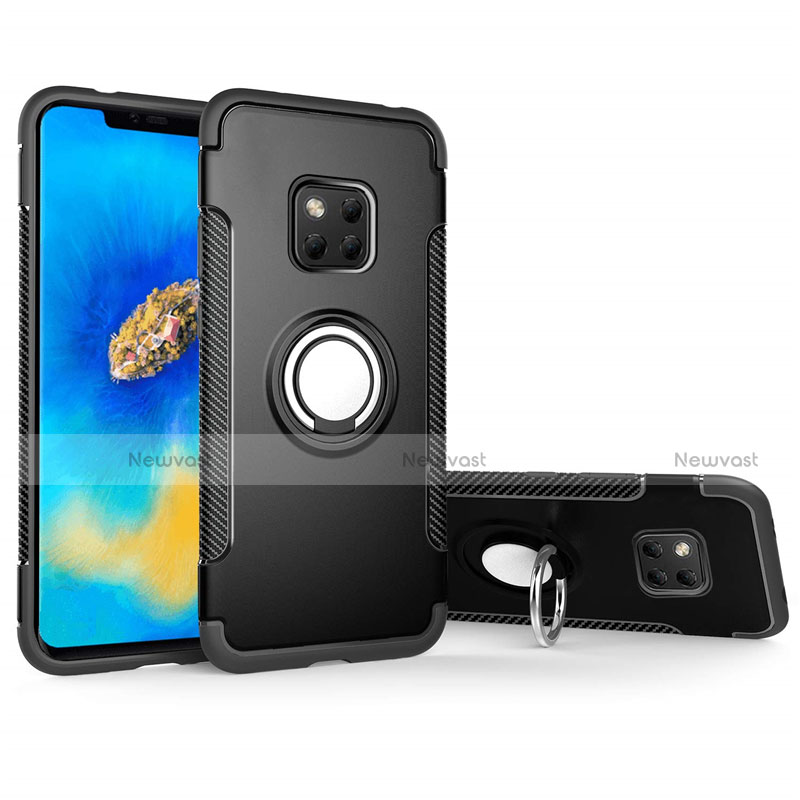 Silicone Matte Finish and Plastic Back Cover Case with Magnetic Finger Ring Stand for Huawei Mate 20 Pro Black