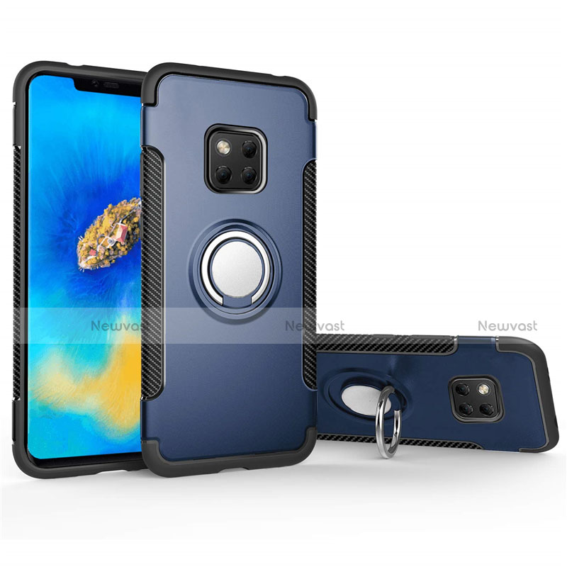 Silicone Matte Finish and Plastic Back Cover Case with Magnetic Finger Ring Stand for Huawei Mate 20 Pro Blue