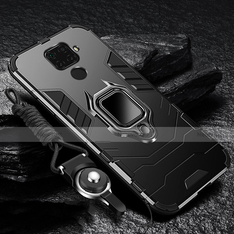 Silicone Matte Finish and Plastic Back Cover Case with Magnetic Finger Ring Stand for Huawei Mate 30 Lite Black