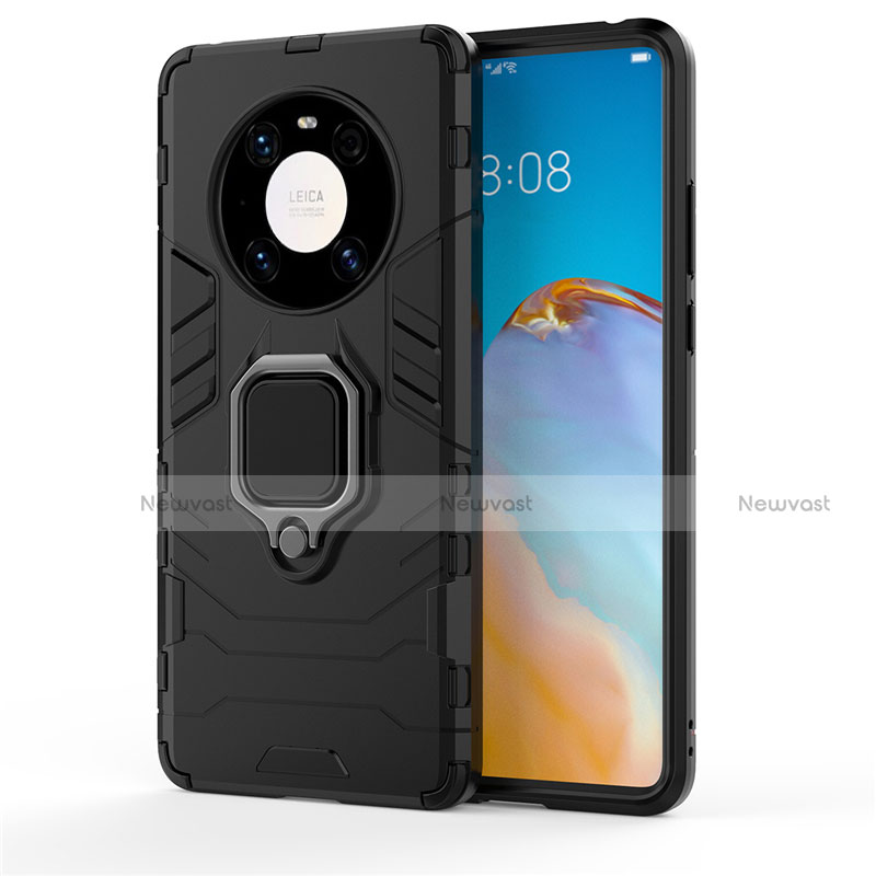 Silicone Matte Finish and Plastic Back Cover Case with Magnetic Finger Ring Stand for Huawei Mate 40 Pro Black