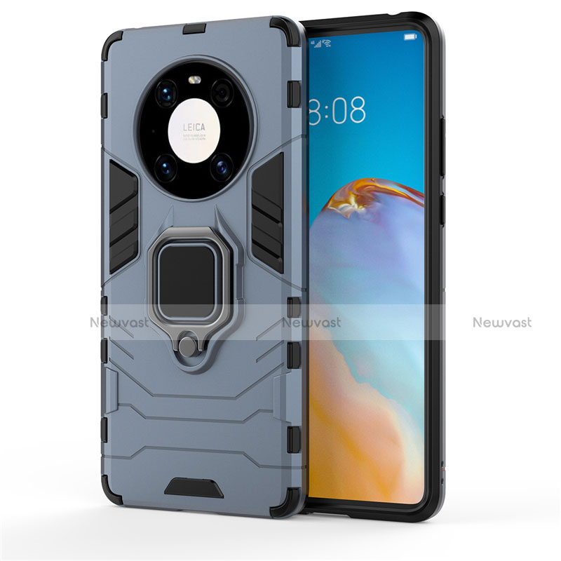 Silicone Matte Finish and Plastic Back Cover Case with Magnetic Finger Ring Stand for Huawei Mate 40 Pro Blue