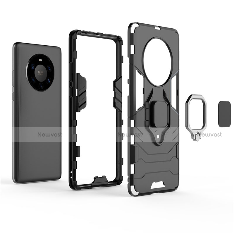 Silicone Matte Finish and Plastic Back Cover Case with Magnetic Finger Ring Stand for Huawei Mate 40 Pro+ Plus