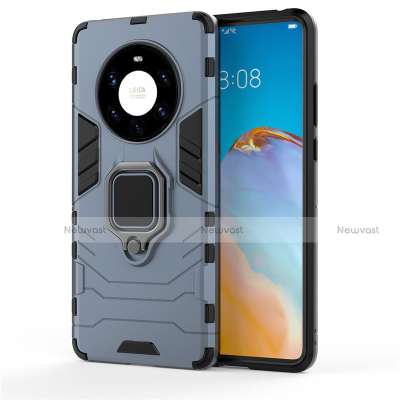 Silicone Matte Finish and Plastic Back Cover Case with Magnetic Finger Ring Stand for Huawei Mate 40 Pro+ Plus Blue