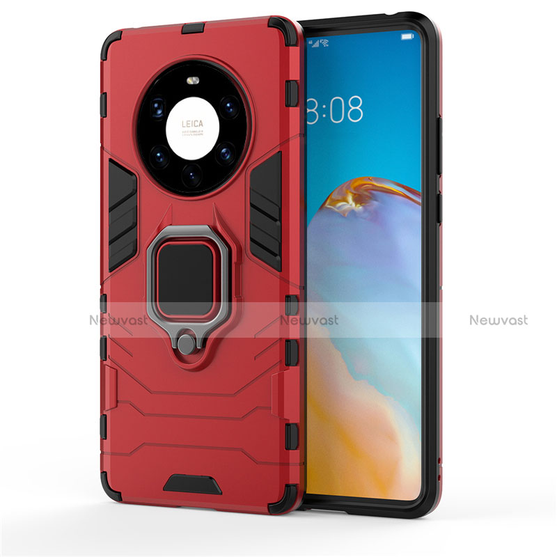 Silicone Matte Finish and Plastic Back Cover Case with Magnetic Finger Ring Stand for Huawei Mate 40 Pro+ Plus Red
