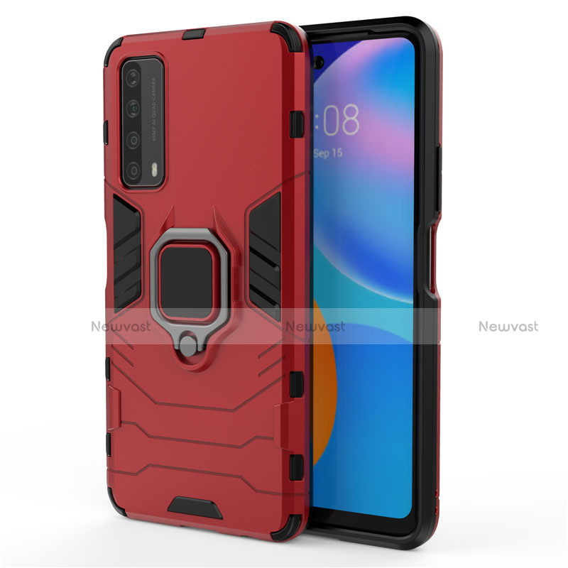 Silicone Matte Finish and Plastic Back Cover Case with Magnetic Finger Ring Stand for Huawei P Smart (2021) Red
