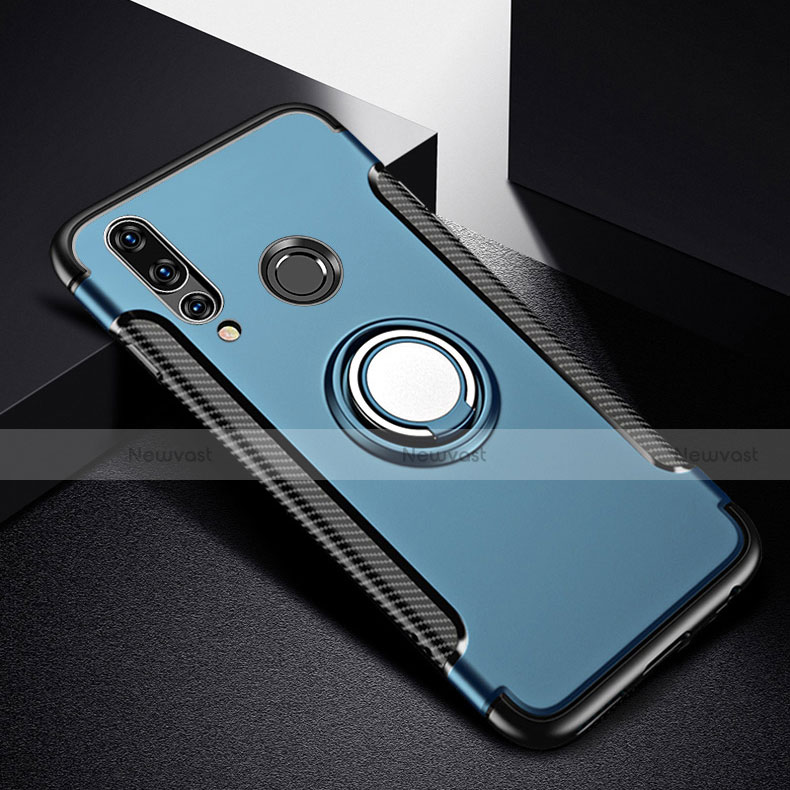 Silicone Matte Finish and Plastic Back Cover Case with Magnetic Finger Ring Stand for Huawei P30 Lite Blue
