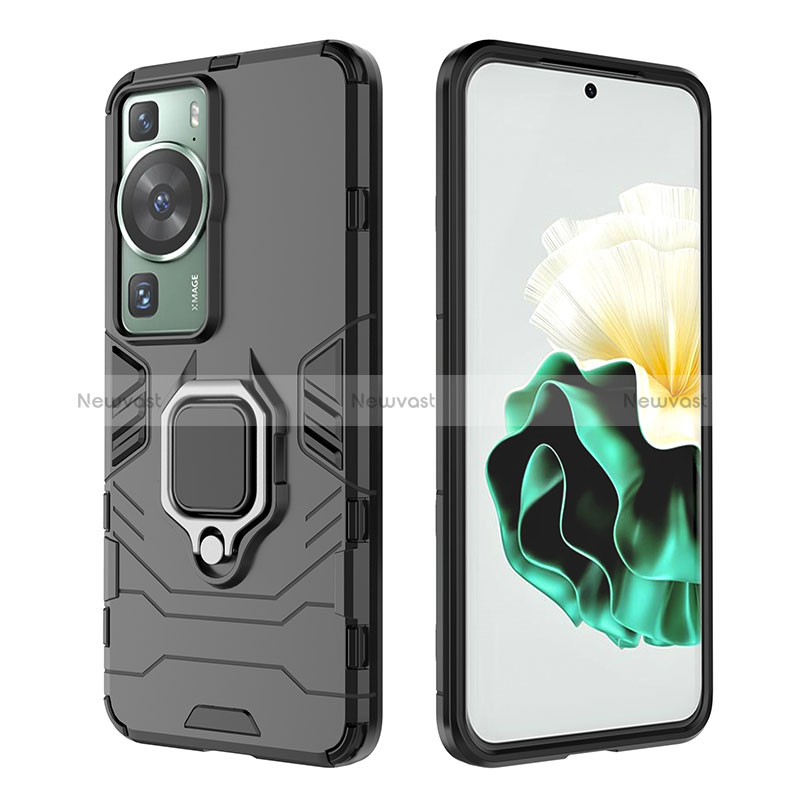 Silicone Matte Finish and Plastic Back Cover Case with Magnetic Finger Ring Stand for Huawei P60