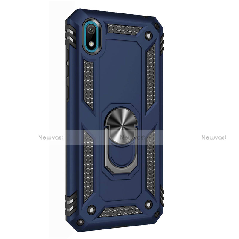 Silicone Matte Finish and Plastic Back Cover Case with Magnetic Finger Ring Stand for Huawei Y5 (2019) Blue