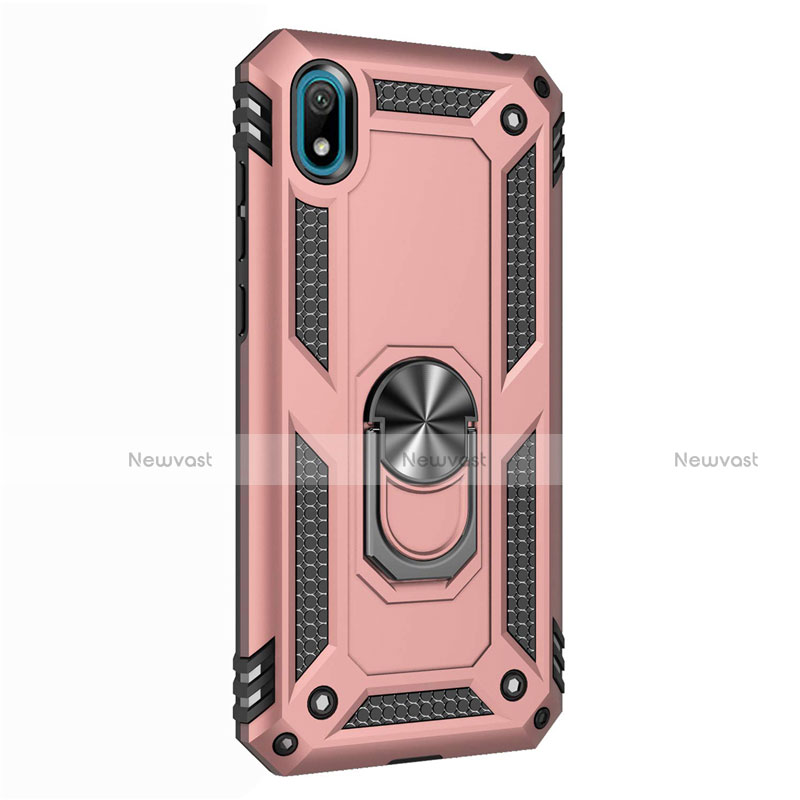 Silicone Matte Finish and Plastic Back Cover Case with Magnetic Finger Ring Stand for Huawei Y5 (2019) Rose Gold