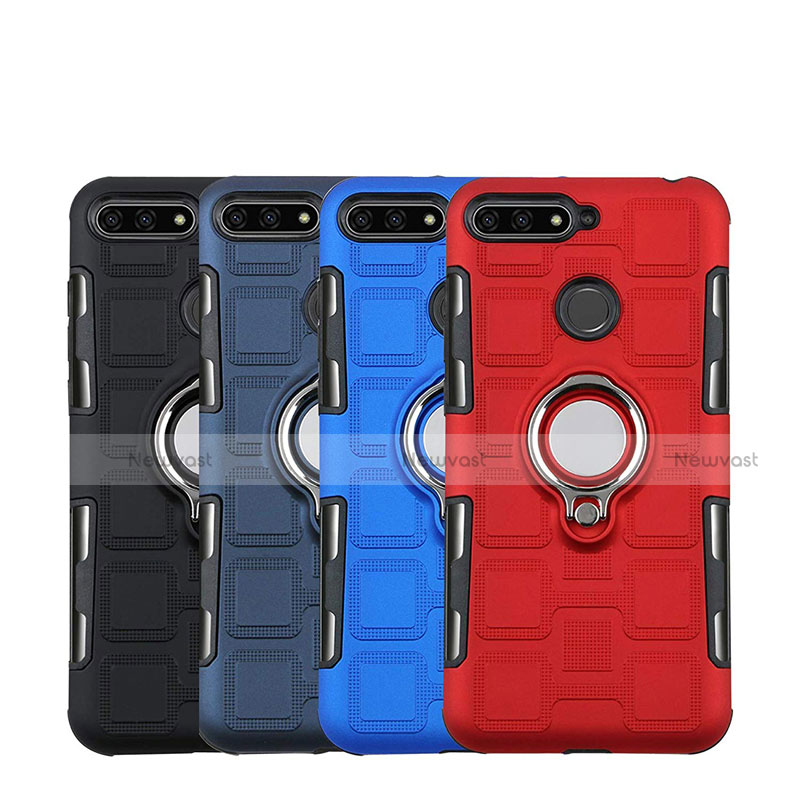 Silicone Matte Finish and Plastic Back Cover Case with Magnetic Finger Ring Stand for Huawei Y6 Prime (2018)