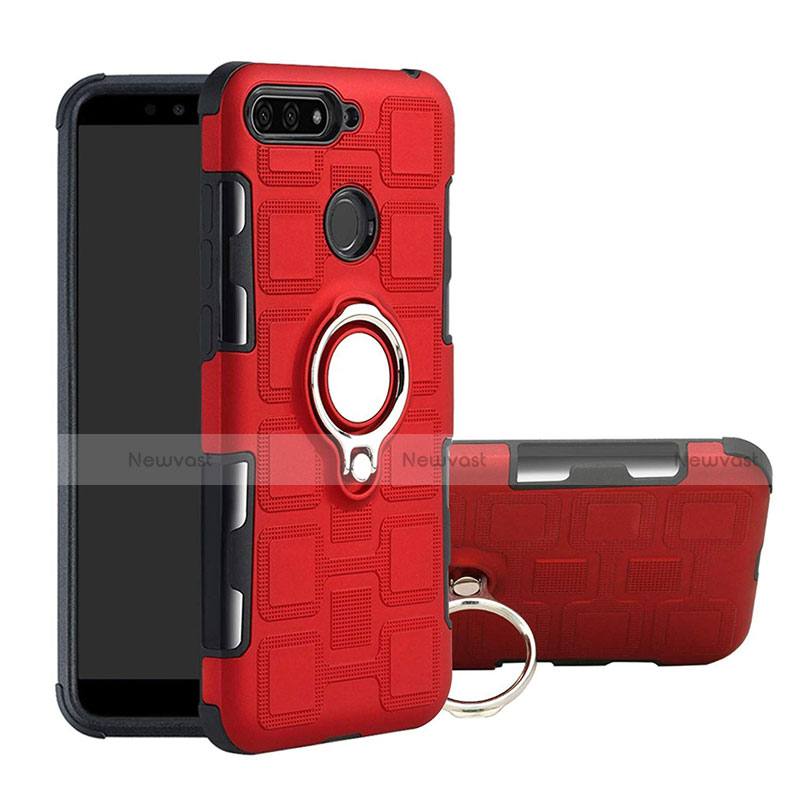 Silicone Matte Finish and Plastic Back Cover Case with Magnetic Finger Ring Stand for Huawei Y6 Prime (2018) Red