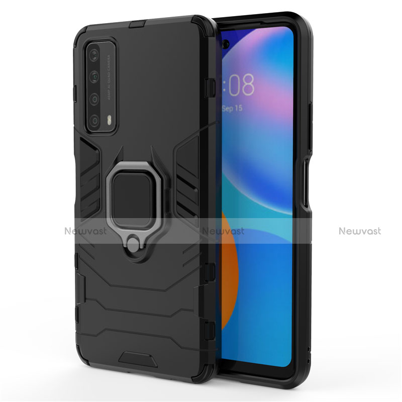 Silicone Matte Finish and Plastic Back Cover Case with Magnetic Finger Ring Stand for Huawei Y7a Black