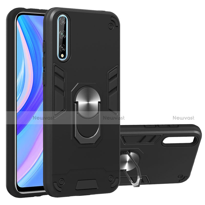 Silicone Matte Finish and Plastic Back Cover Case with Magnetic Finger Ring Stand for Huawei Y8p