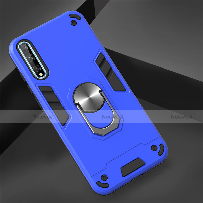Silicone Matte Finish and Plastic Back Cover Case with Magnetic Finger Ring Stand for Huawei Y8p Blue