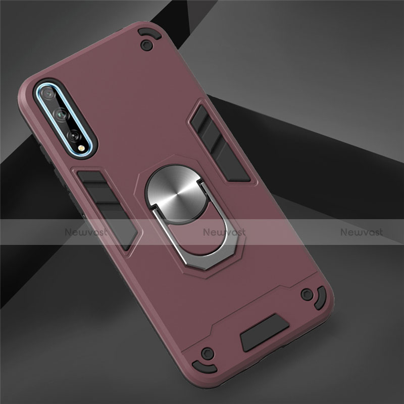 Silicone Matte Finish and Plastic Back Cover Case with Magnetic Finger Ring Stand for Huawei Y8p Red Wine