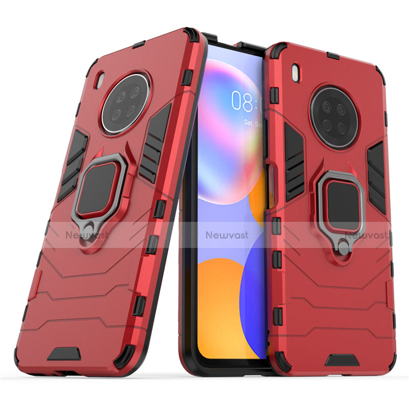 Silicone Matte Finish and Plastic Back Cover Case with Magnetic Finger Ring Stand for Huawei Y9a