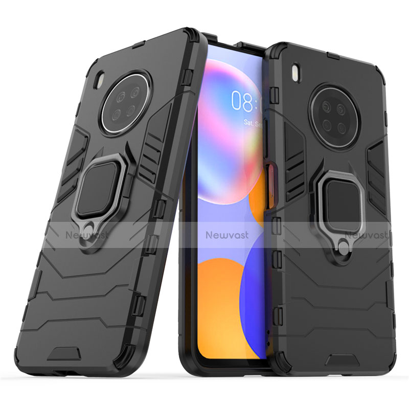 Silicone Matte Finish and Plastic Back Cover Case with Magnetic Finger Ring Stand for Huawei Y9a