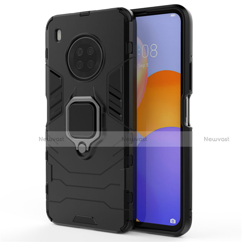 Silicone Matte Finish and Plastic Back Cover Case with Magnetic Finger Ring Stand for Huawei Y9a Black