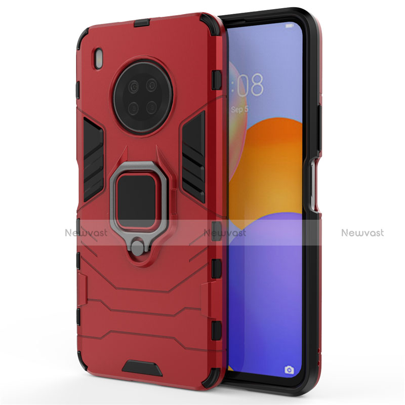 Silicone Matte Finish and Plastic Back Cover Case with Magnetic Finger Ring Stand for Huawei Y9a Red